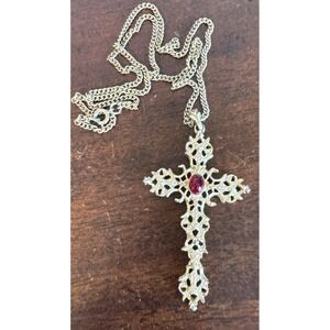 Vintage Goldtone Large Avon 1.75 x 3.25" Cross Pendant w/Red Bead 24" Chain